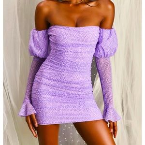 Oh Polly Bardot puff sleeve mini dress in likac